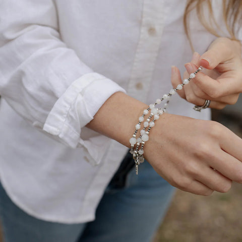 Added Rosary Wrap Bracelet White/Silver