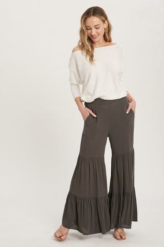TIERED RUFFLE HIGH WAISTED WIDE-LEG PANTS