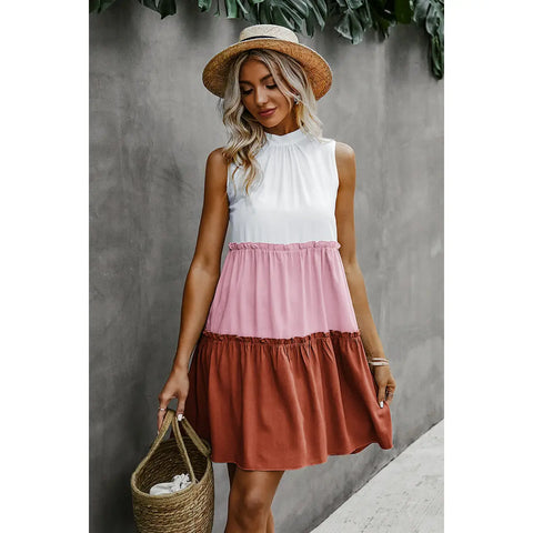 Colorblock Cut Out Back Ruffle Hem Tiered Dress