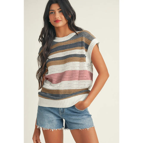 Stripe Color Block Eyelet Knit Short Sleeve Sweater Tee
