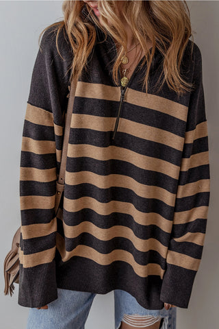 Stripe Collared Quarter Zipper Oversized Sweater