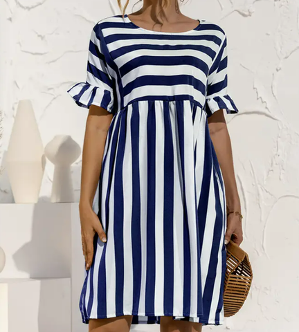 Stripe Over Stripe Ruffle Sleeve Dress