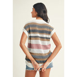 Stripe Color Block Eyelet Knit Short Sleeve Sweater Tee