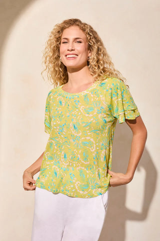 Linen-Blend Ruffle-Sleeve Crew Neck Top
