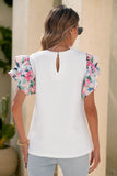 Abstract Print Tiered Ruffled Sleeve Textured Knit Top