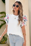Abstract Print Tiered Ruffled Sleeve Textured Knit Top