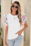 Abstract Print Tiered Ruffled Sleeve Textured Knit Top