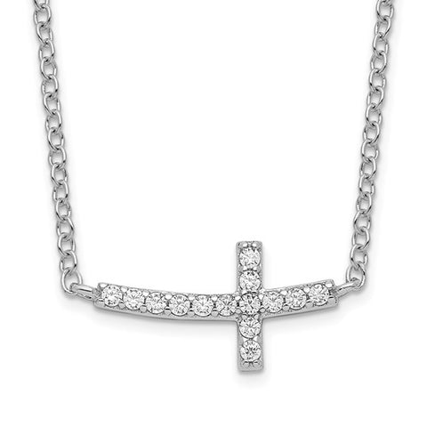 Sterling Silver Rhodium-plated CZ Sideways Cross with 2 inch ext Necklace